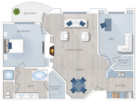 Floor plan for 1 bed, 1 bath, 899 sqft